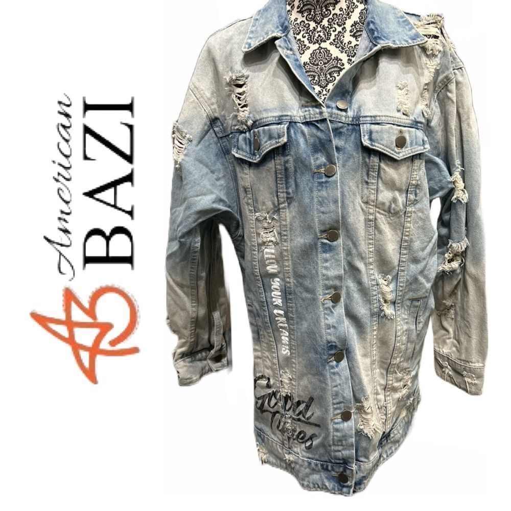 American Bazi Distressed Long Denim Customized Jacket - Size M